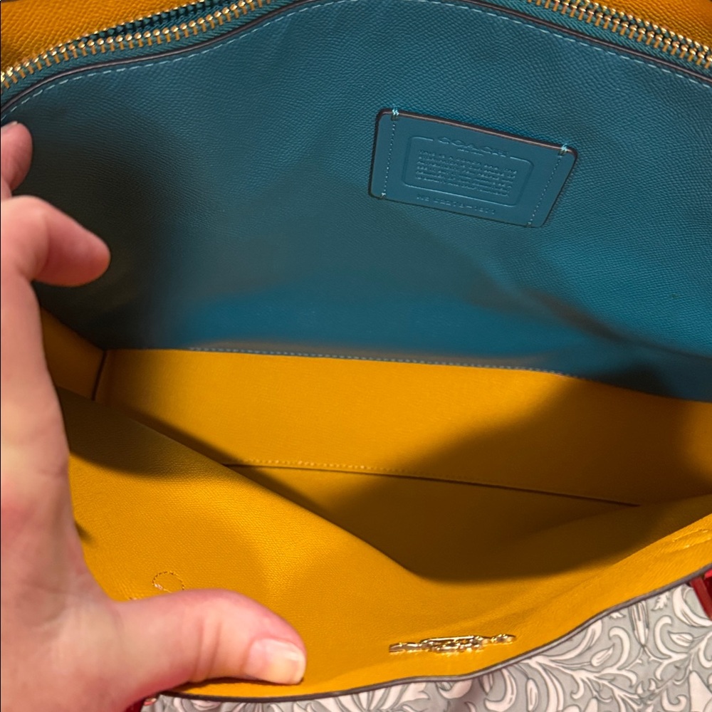 Coach Red /Orange Tote Bag; Lg., beautiful; NWOT; yellow and teal interior. - Picture 9 of 12